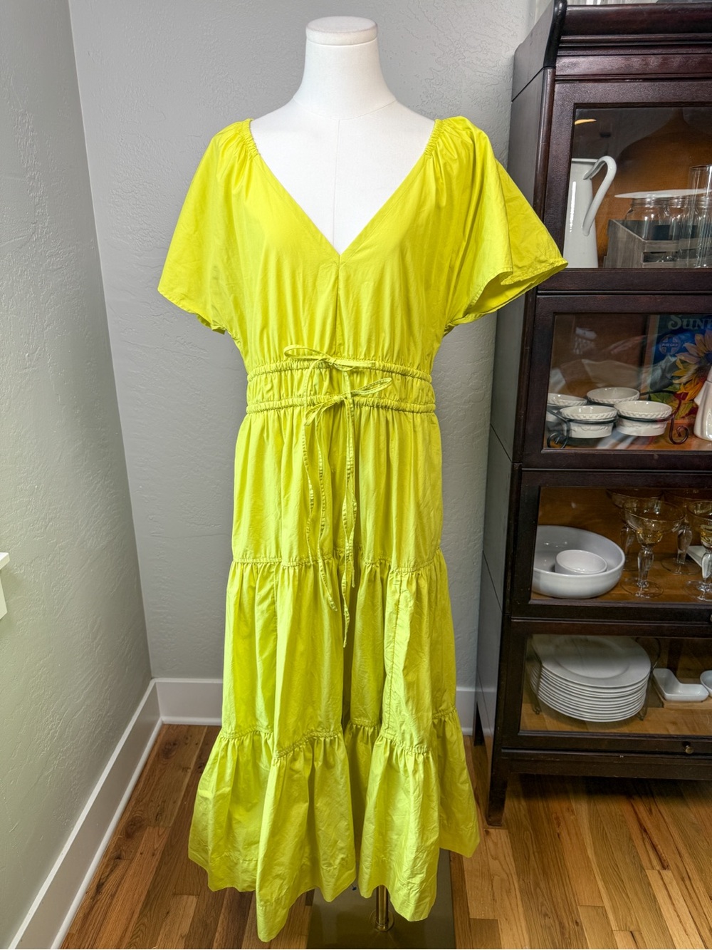 Free Assembly Tiered Cotton Maxi Dress Pockets Chartreuse Green Size M 8-10